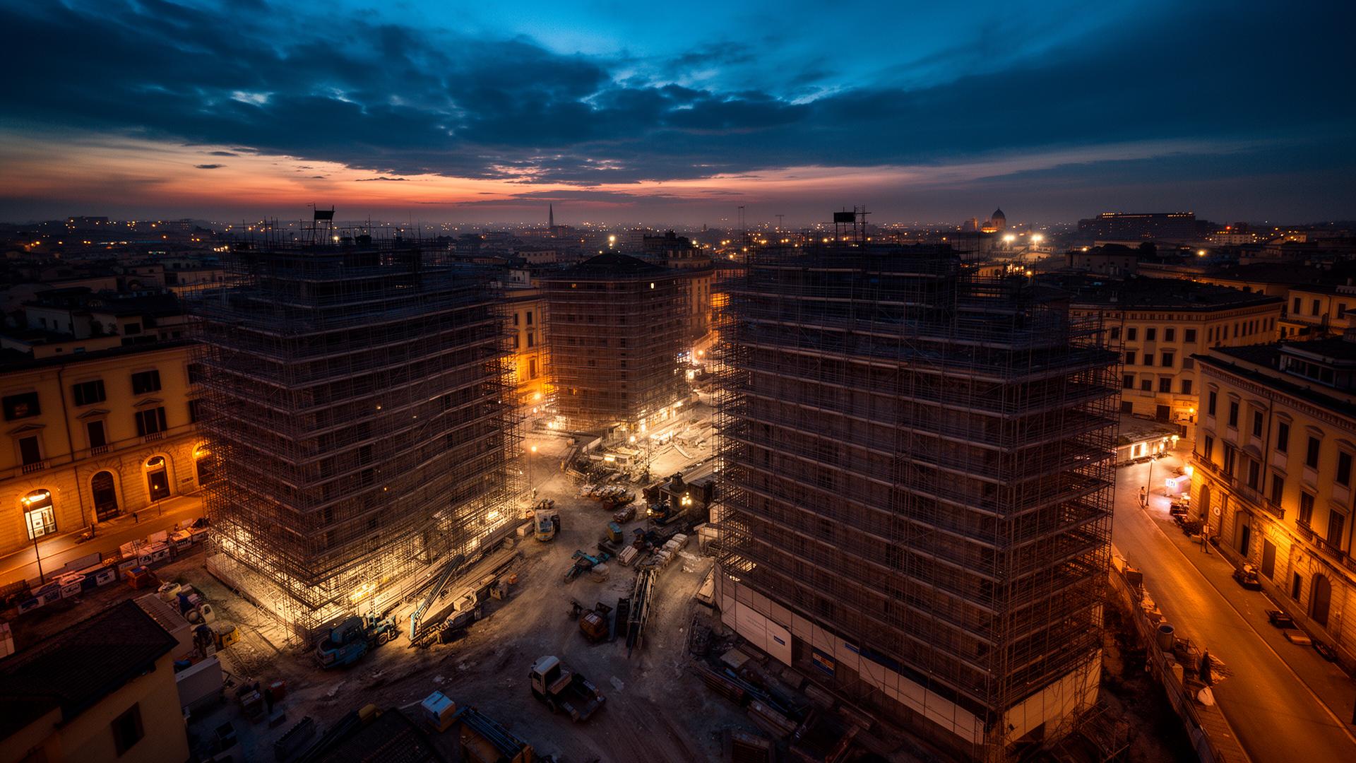 Cantiere urbano al tramonto con ponteggi